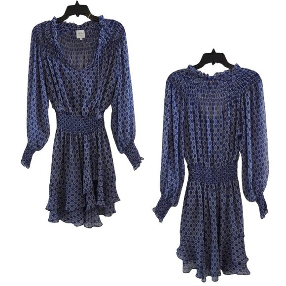 Misa, Anthropologie, Sheer Balloon Long Sleeve Ruffle-Hem Mini Dress, Blue - Picture 2 of 10